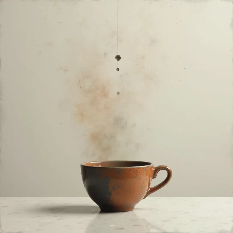 A single brown ceramic cup sits on a smooth, pale marble surface against a textured, off-white background. A vertical line of dark, spherical droplets descends from above, suspended in the space directly over the center of the cup. Soft, diffused light creates subtle shadows and highlights the matte texture of the cup and the grainy appearance of the backdrop.