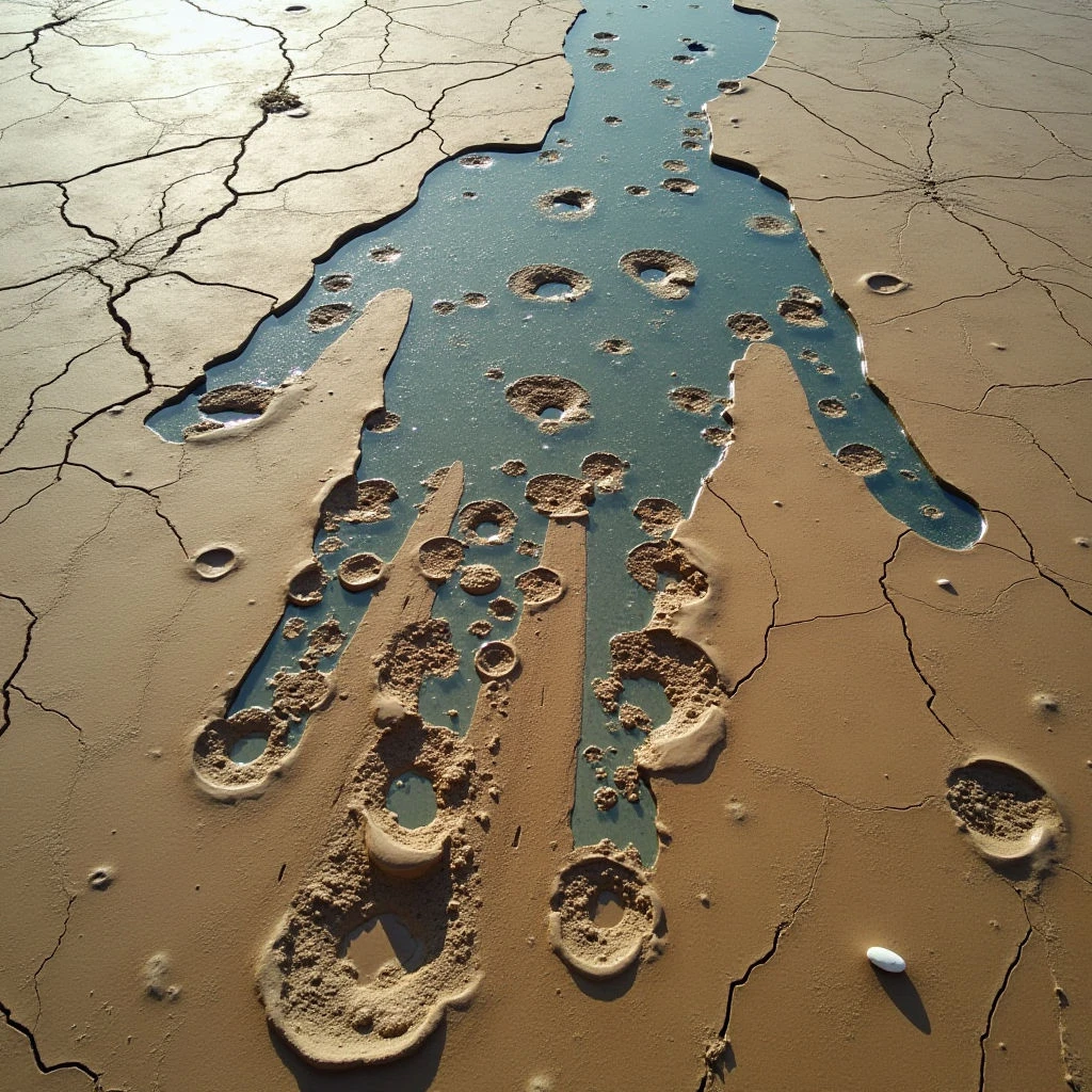 The image depicts a form imprinted in cracked, dry earth with pools of water filling the depressions. The dominant color is warm brown, contrasted by the reflective blue of the water and scattered lighter tones within the cracks and around the edges of the imprint. Shapes are organic and irregular – the outline of a body with numerous circular indentations – surrounded by a network of fractured lines and small raised mounds of earth.