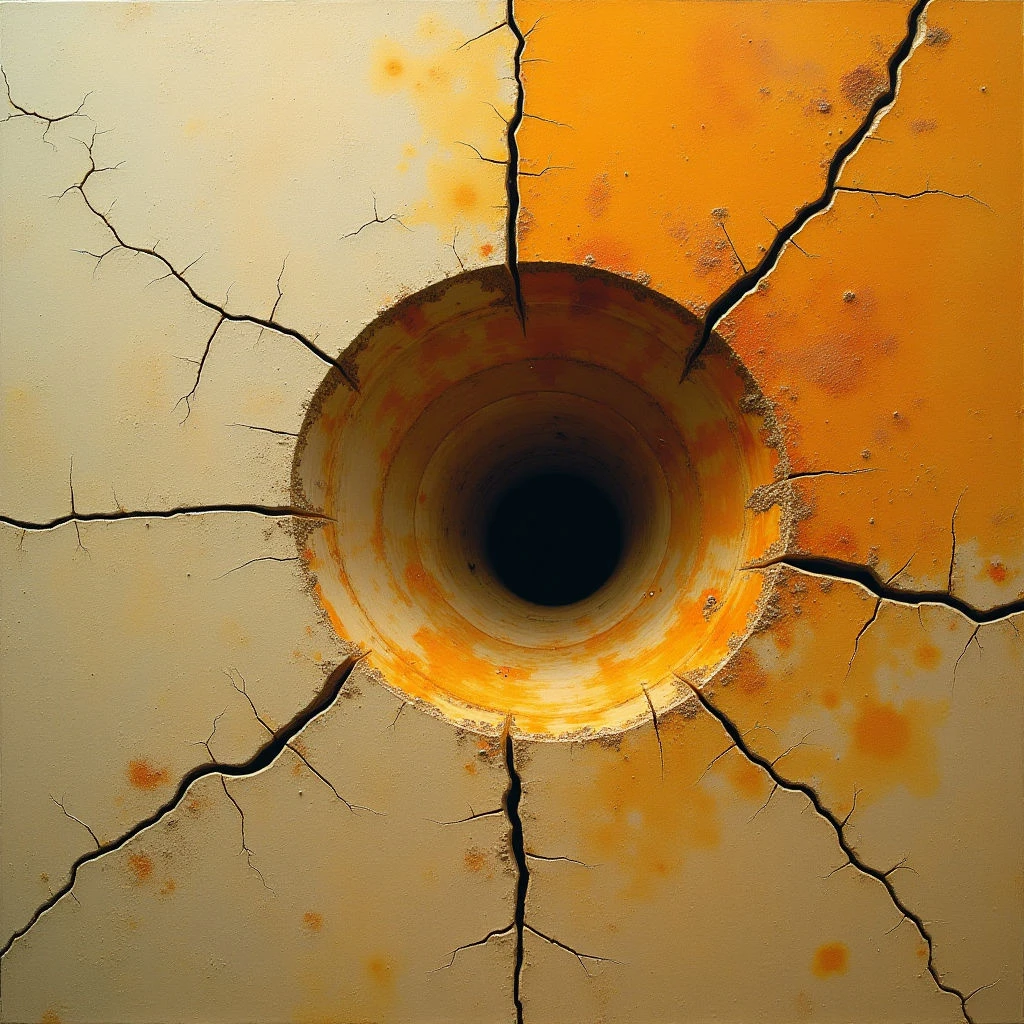 The image features a central circular opening of warm orange tones surrounded by a field of cracked, pale beige. A network of dark lines radiates from the perimeter of the hole across the textured surface, resembling fissures in dried earth or aging paint. Light appears to emanate *from* within the circle, creating a shadowed interior and highlighting the roughness of both the surrounding area and the edges of the opening itself.