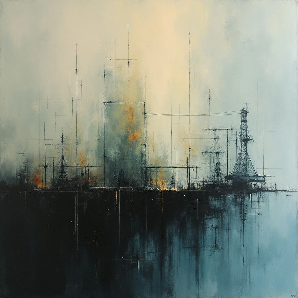 A dark, silhouetted industrial complex stretches across a hazy horizon, reflected in the still water below. Sparse flames flicker amongst the structures, adding points of warm light to the otherwise cool-toned scene. Tall, spindly towers and lines create a sense of intricate complexity against a pale sky.