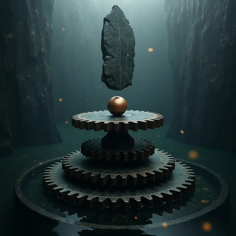 A dark, textured stone slab floats vertically above a polished golden sphere, which rests atop a stack of three metallic gears. The composition is set within a dim, cavernous space with vertical rock walls and a reflective dark surface below. Soft, diffused light illuminates the central objects, casting gentle highlights on the metallic edges and the rough surfaces of the stone.