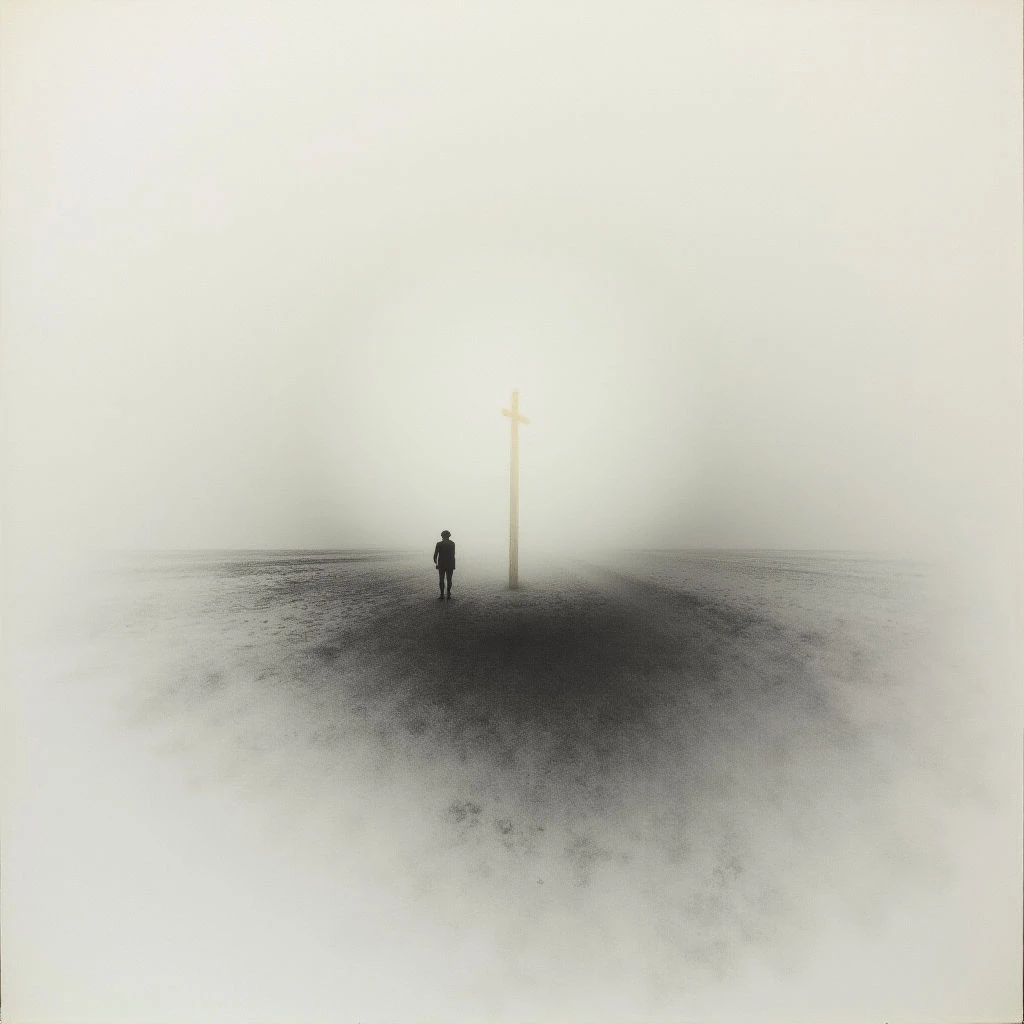 A lone figure stands facing a wooden cross in a vast, flat landscape shrouded in thick fog. The ground around the figure and cross is darker than the surrounding mist, creating a focal point in the otherwise ethereal scene. Everything appears muted and dreamlike, emphasizing isolation and stillness.