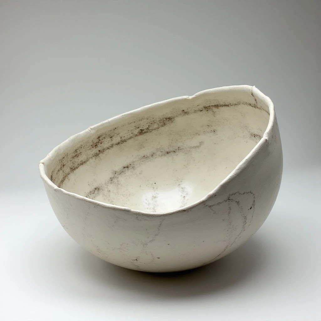 A roughly formed, off-white ceramic bowl sits against a neutral background. Dark brown lines and smudges swirl around the inner rim of the bowl, contrasting with its pale surface. The bowl’s edges are uneven and organic, giving it a handmade appearance.