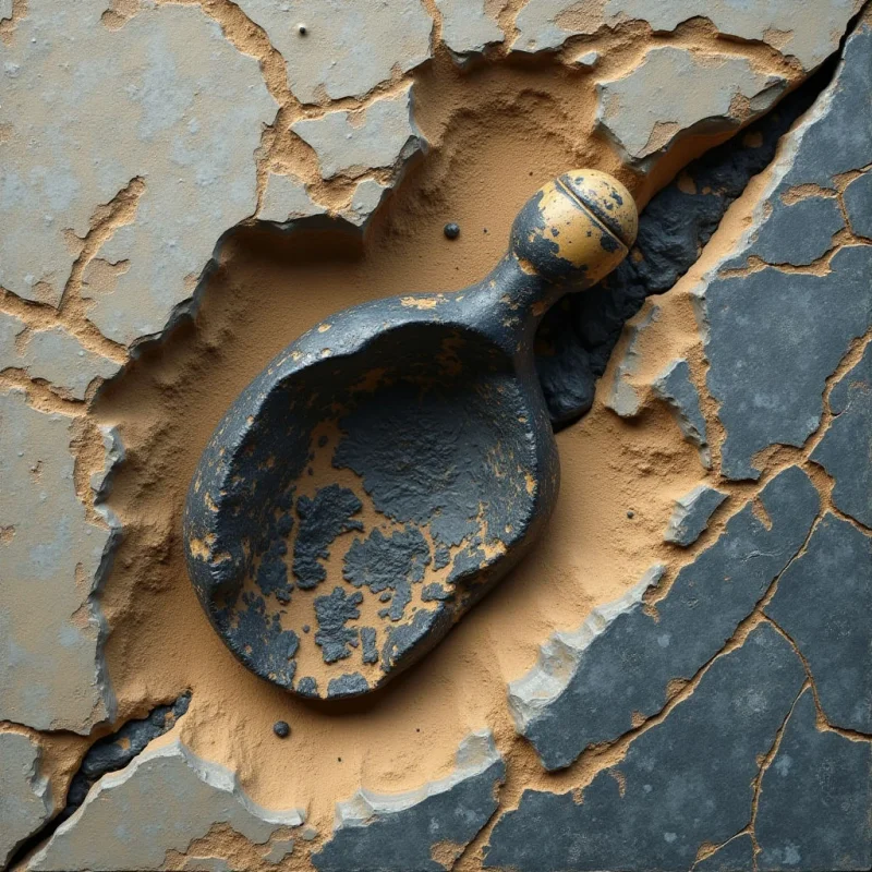 A dark, textured scoop with worn golden patches rests within a recessed, sandy-colored cavity in a cracked gray surface. The composition features jagged, irregular shapes and deep crevices that create a sense of layered depth. Light illuminates the scene from above, casting soft shadows within the cracks and emphasizing the rough, granular textures of the earth and stone.
