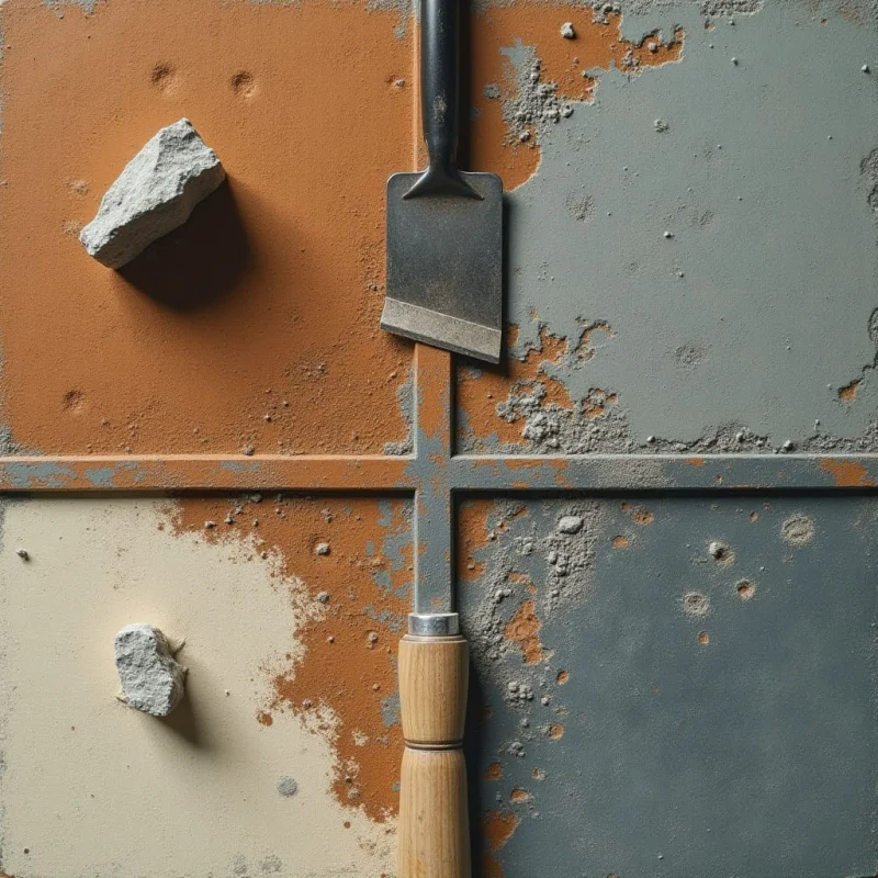 A grid of four rectangular panels in shades of terracotta, grey, cream, and charcoal forms the background, featuring rough, chipped textures and irregular debris. A metal scraper with a dark handle and a wooden-handled tool are positioned vertically along the central dividing line. Light originates from the upper left, casting soft shadows behind the floating fragments and tools against the matte surfaces.