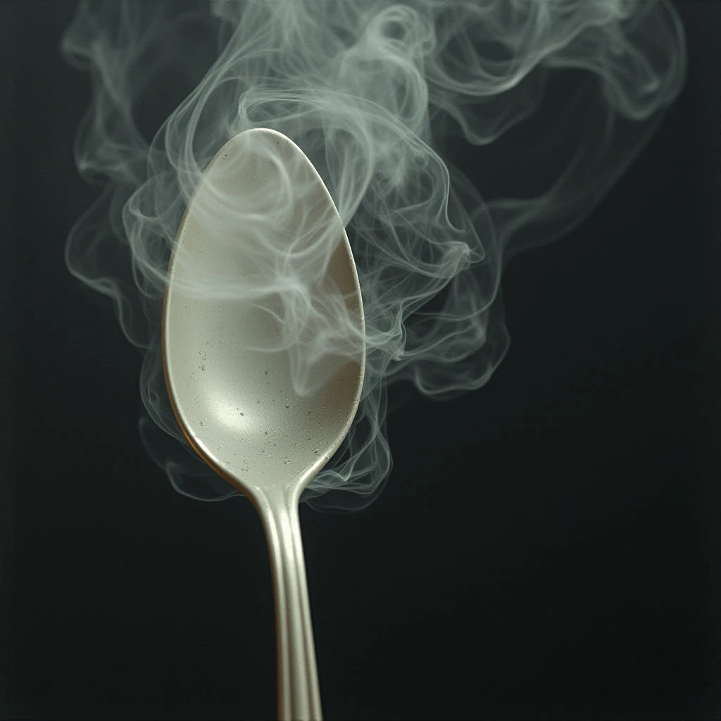A silver spoon holds a small amount of liquid, likely soup or broth. Wisps of steam curl upwards from the surface of the contents, obscuring the background. The dark backdrop emphasizes the shine of the metal and the ethereal quality of the rising vapor.