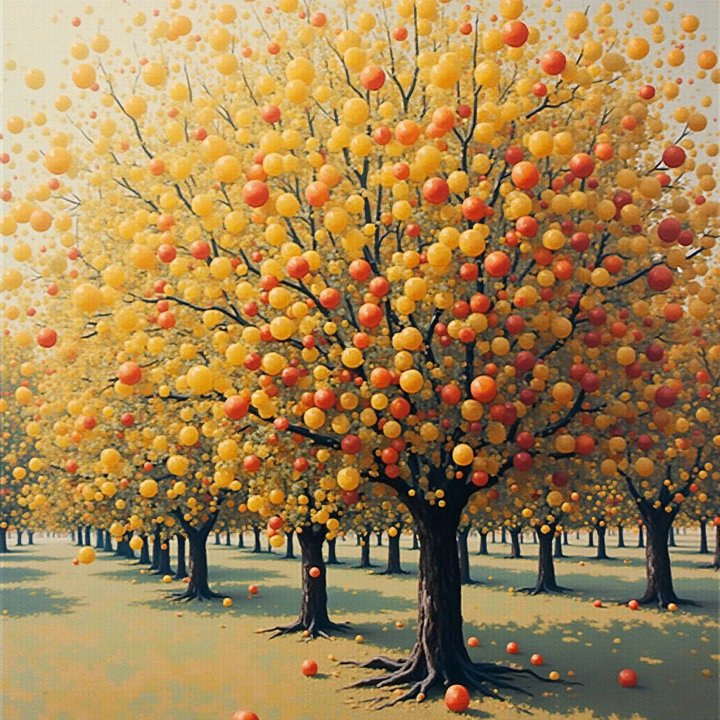 Rows of trees fill a grassy field, each one bursting with countless golden and orange orbs instead of leaves. Fallen spheres dot the ground beneath them, creating a sense of abundance and gentle dispersal. The scene has a warm, almost dreamlike quality due to the unusual nature of the fruit-filled trees.