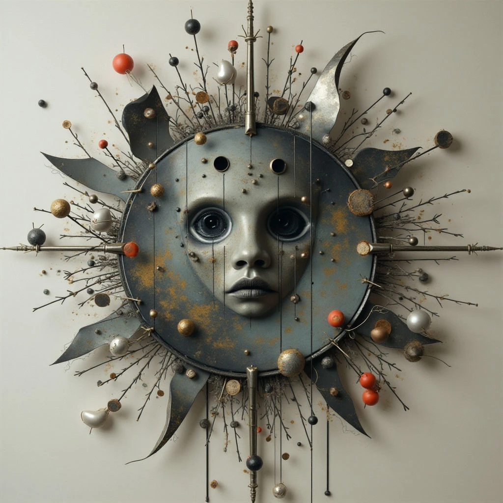 A weathered, metallic face is centered within a circular sun-like structure with jagged rays extending outwards. The face has large, striking eyes and appears somewhat melancholic, while the surrounding form is adorned with numerous small spheres and delicate branches sprouting from its surface. Dripping lines of dark material fall below, adding to the piece’s aged and slightly unsettling aesthetic.