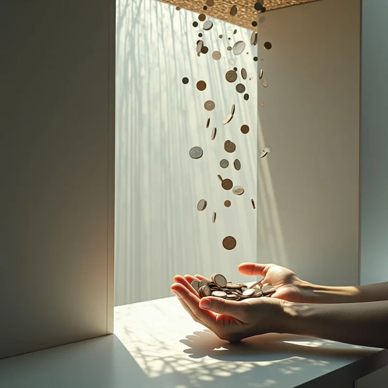 The image features a predominantly muted color palette of creams and browns, with metallic tones from numerous falling coins. Light streams in vertically from above, creating striped shadows across the wall and illuminating hands cupped below to catch the descending objects. The spatial arrangement is defined by a corner formed by two walls, emphasizing depth as coins appear to fall through the light into the foreground space occupied by the hands.
