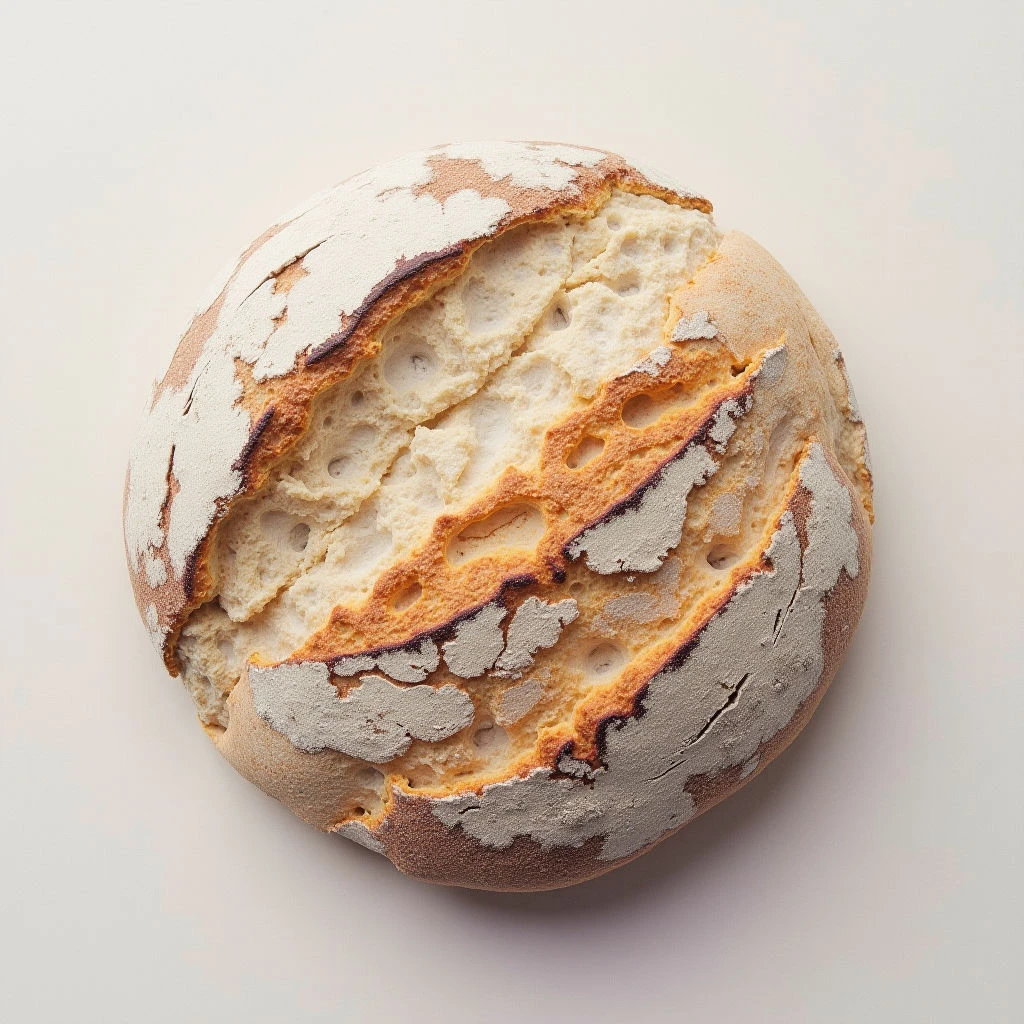 A round loaf of sourdough bread sits on a pale surface, partially sliced open to reveal its airy interior. The crust is rustic and dusted with flour, showing golden-brown tones where it has been broken.  Large holes are visible throughout the soft, uneven crumb within.