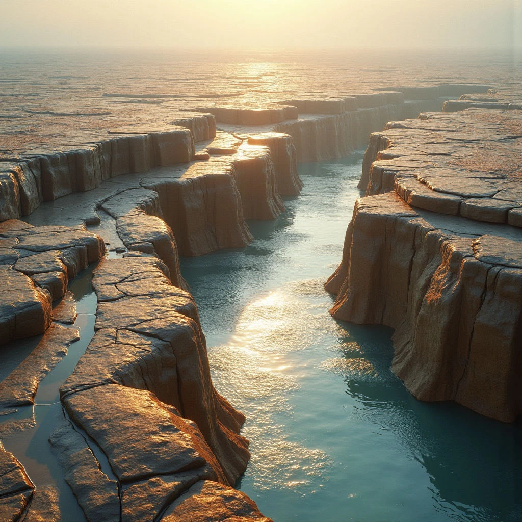 The scene depicts a flat landscape of layered, golden-brown rock formations bisected by winding channels of turquoise water. Light is warm and diffuse, emanating from the horizon and reflecting off the water’s surface, creating highlights on both the water and the stone edges. The spatial arrangement suggests an expansive plane receding into a hazy distance with repeating geometric shapes formed by the cliffs and waterways.