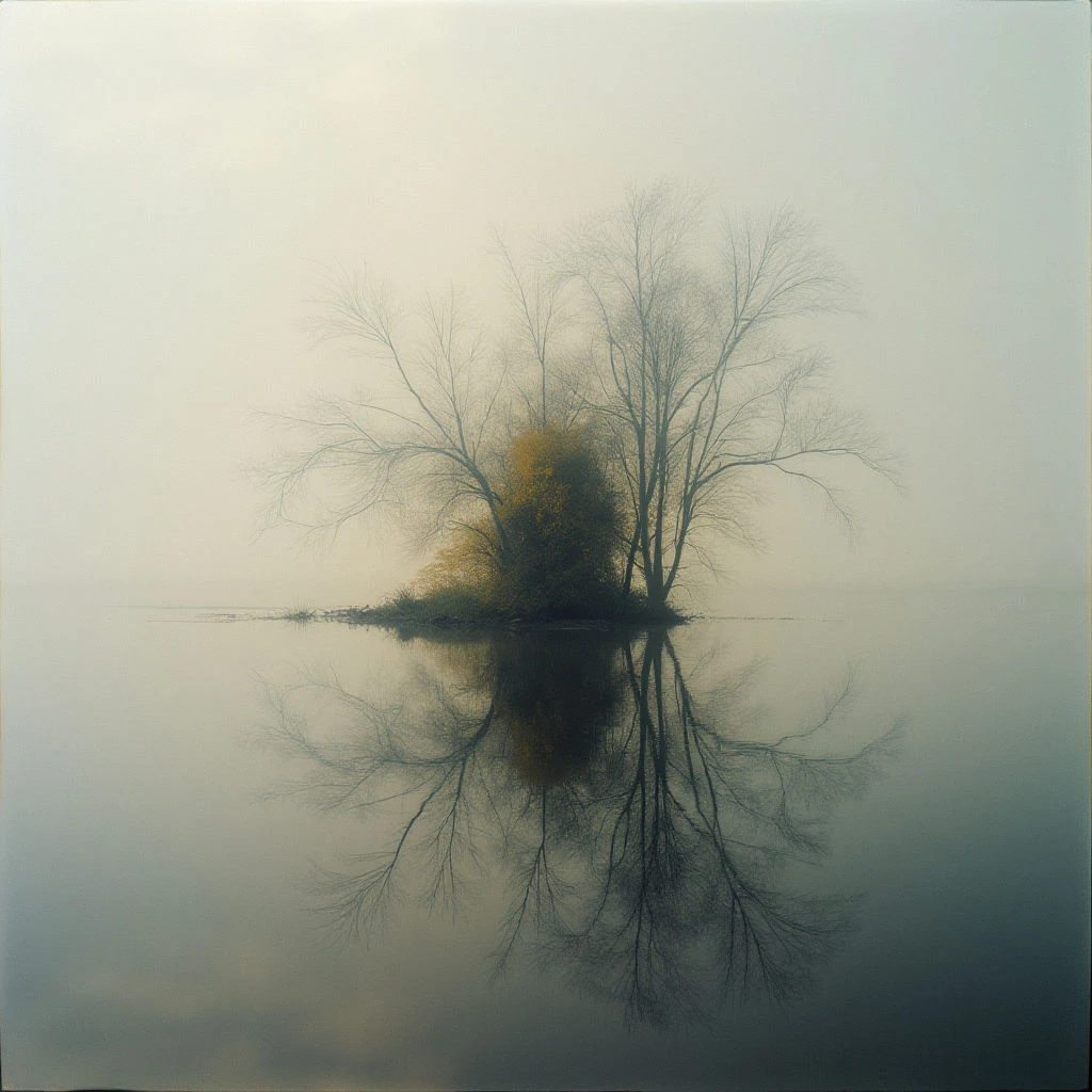 A small island with a cluster of bare trees and a patch of golden foliage rises from still, grey water. The entire scene is shrouded in a thick fog, softening the edges of everything and creating a muted atmosphere. A perfect reflection of the trees and island appears on the calm surface below, doubling the image into a symmetrical composition.