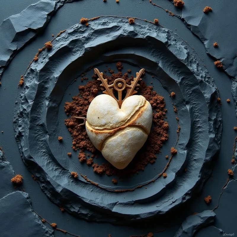A pale, heart-shaped object with a textured, bread-like surface sits at the center of concentric, dark grey stone rings. A golden key rests atop the heart, surrounded by coarse, brown granular particles scattered across the layered, rocky formations. The lighting is soft and directional, emphasizing the deep crevices of the stone and the subtle contours of the central form.
