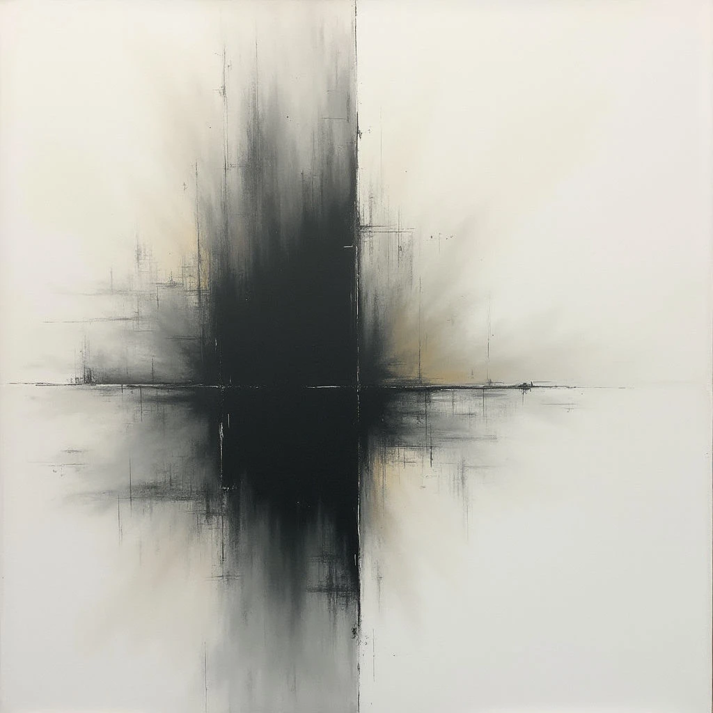 A dark, vertical form dominates the center of a largely white composition, appearing as a shadowy presence bisected by a faint dividing line. Subtle washes of gold and grey radiate outwards from the central darkness, creating a sense of depth and echoing on either side. Thin, gestural lines are scattered across the surface, suggesting movement or texture within the minimalist space.