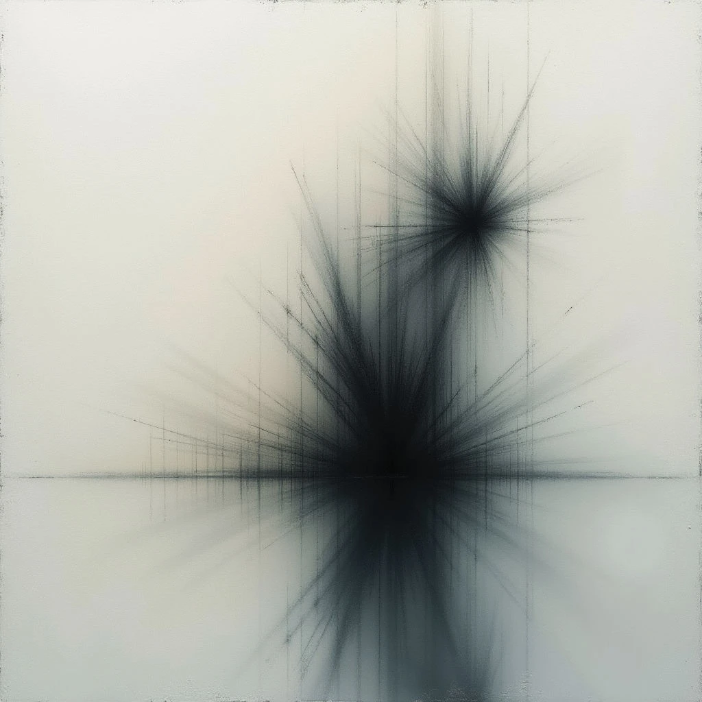 A dark, explosive burst dominates the center of a pale gray field, with lines radiating outwards like shattered energy. Below it, a blurred reflection mirrors the shape, creating a sense of depth and symmetry. The overall impression is one of intense force contained within a minimalist space.