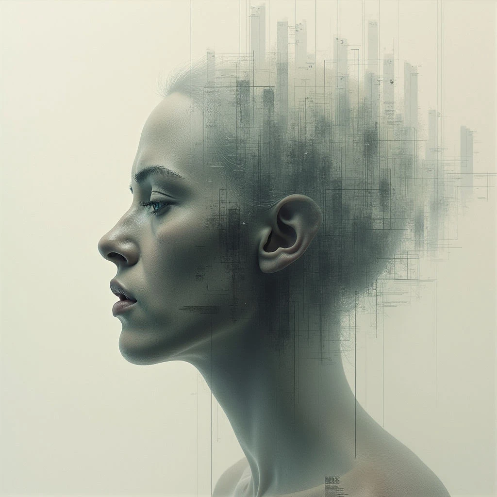 A woman’s face is shown in profile against a pale background, her features delicate and shadowed. Instead of hair, the back of her head and neck dissolve into a complex structure resembling a cityscape overlaid with technical diagrams. The image evokes a sense of thought, connection, or perhaps being overwhelmed by information.