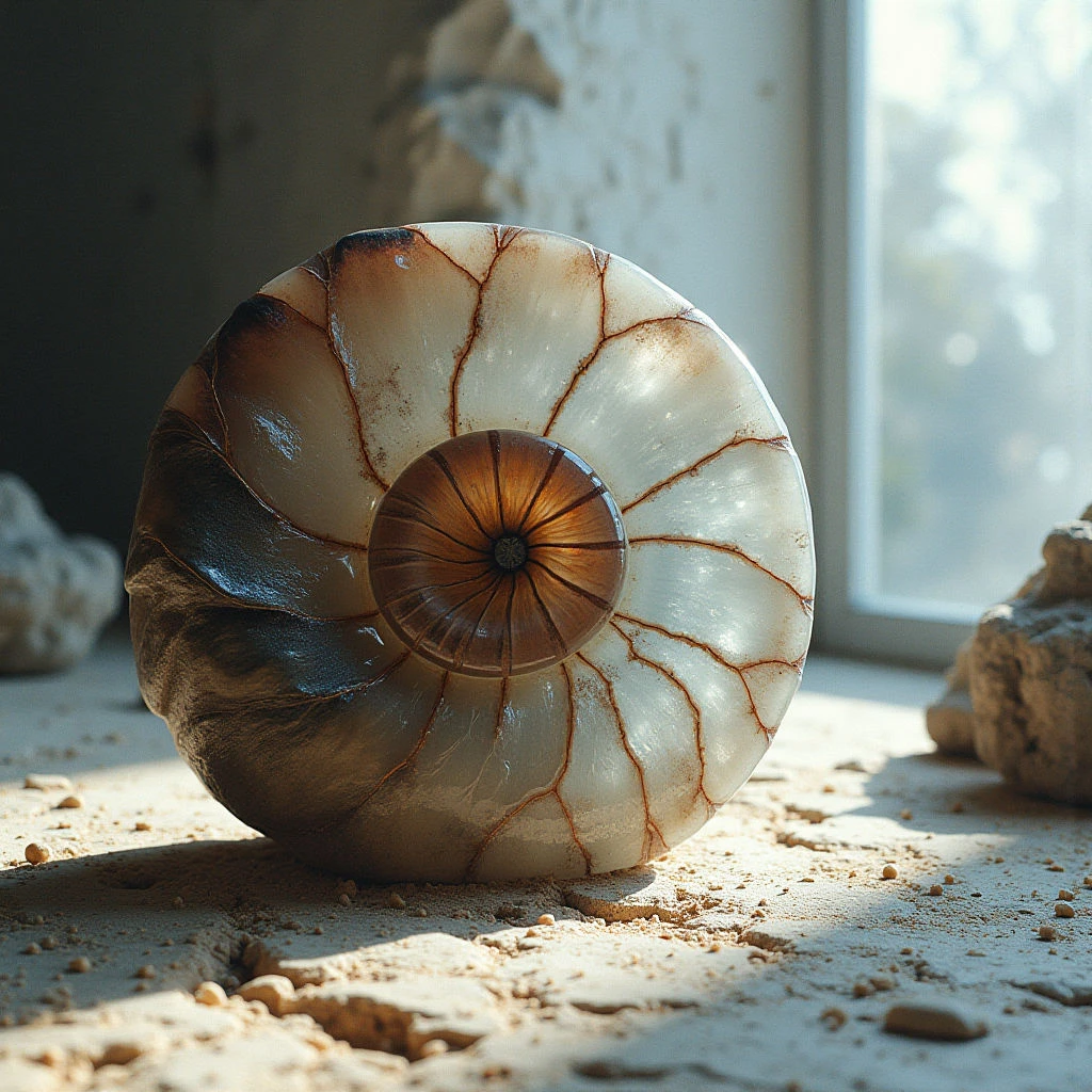 The image features a large, spiraling shell with tones of cream, beige, and dark brown radiating from its center. The shell’s surface appears smooth and polished with visible cracks forming radial lines across its exterior, contrasting with the rough texture of surrounding debris. Warm light casts shadows on a flat, sandy surface, emphasizing the shell's rounded form and creating depth within the close-up spatial arrangement.