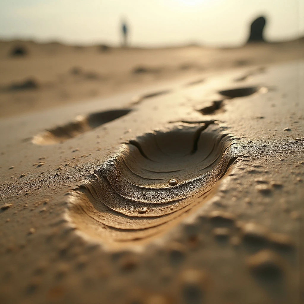 The image is dominated by warm earth tones—tans, browns, and ochres—with a gradient towards lighter shades in the background. The foreground features coarse, granular textures of wet sand marked with deeply impressed footprints exhibiting concentric ridges; these shapes become less defined with increasing distance. Soft light illuminates the scene from above and behind, creating subtle shadows within the depressions and a blurred spatial relationship between the close-up footprints and indistinct figures on the horizon.