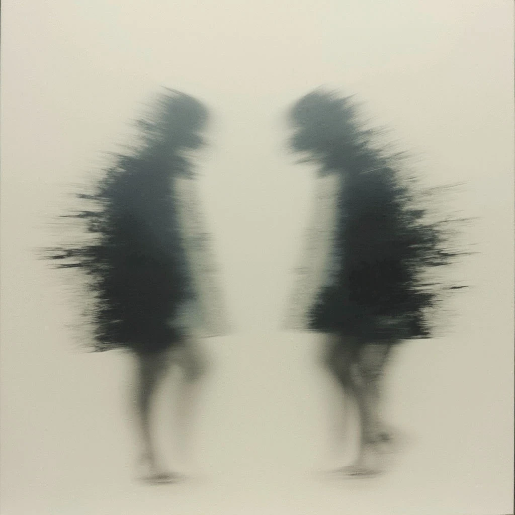 Two blurred figures face each other, appearing as dark silhouettes against a pale background. Their forms are indistinct and seem to be dissolving or moving rapidly. The space between them is bright and empty, emphasizing their isolation despite the proximity.