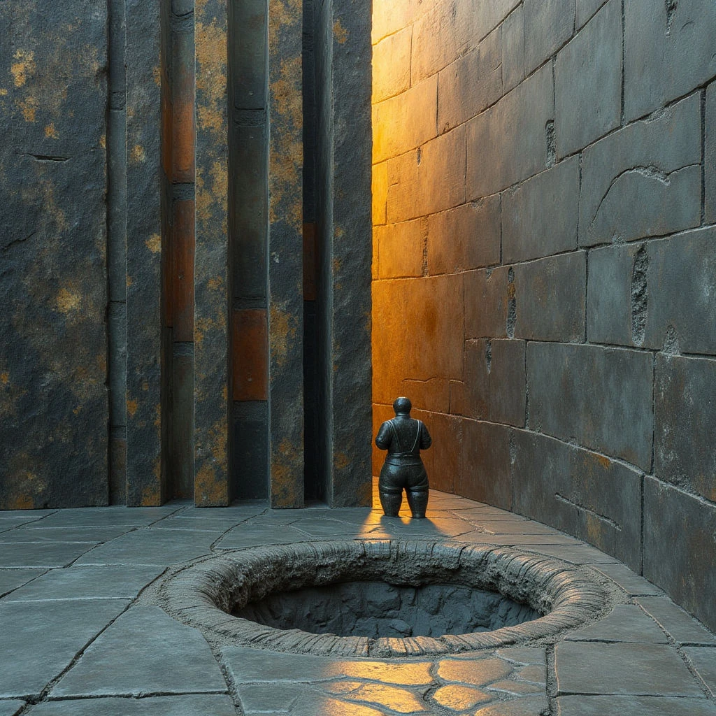 The image features a predominantly dark color palette of grays and browns with a strong vertical beam of golden light illuminating a small figure. Rough, blocky textures dominate the walls and flooring, contrasting with the smoother form of the sculpture positioned near a circular opening in the ground. The spatial arrangement emphasizes depth, as the figure is set back within a recessed area formed by the surrounding stone structures and receding floor tiles.