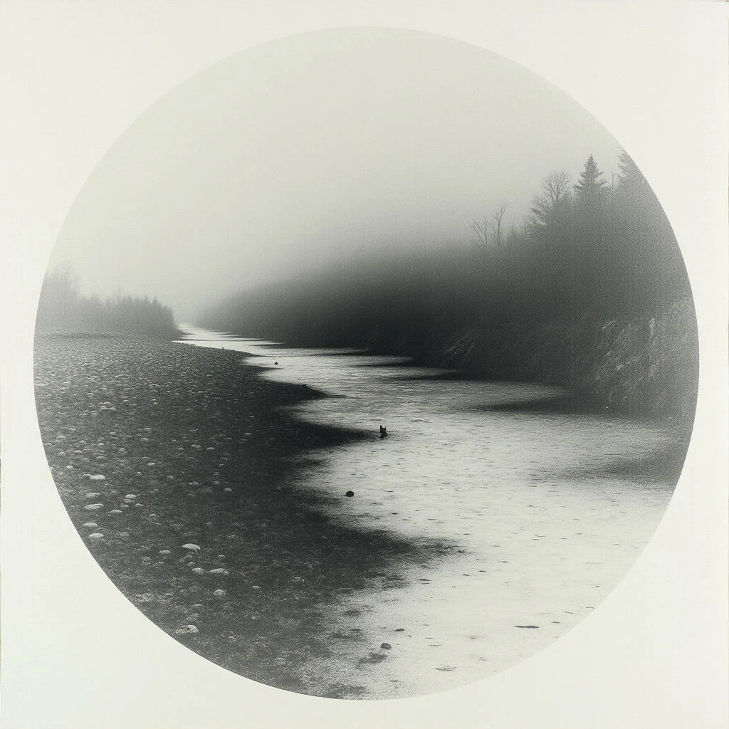 A winding river flows through a landscape shrouded in thick fog, nearly obscuring the trees lining its banks. The foreground is covered with small stones and pebbles along the water's edge, leading the eye into the misty distance. A solitary object floats on the water’s surface near the center of the frame.