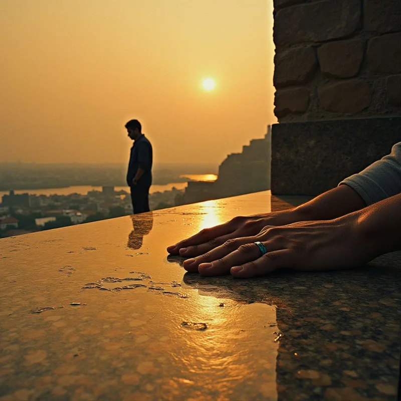 Warm tones of orange and gold dominate the scene, with a gradient suggesting a sunset sky reflected on a rough stone surface in the foreground. Two sets of hands rest flat on the stone ledge, positioned close to the viewer, while a silhouetted figure stands further back overlooking a distant cityscape. The light source creates long shadows and highlights textures—the unevenness of the stone, the brick wall, and the forms of the hands—establishing depth and spatial separation between foreground and background elements.
