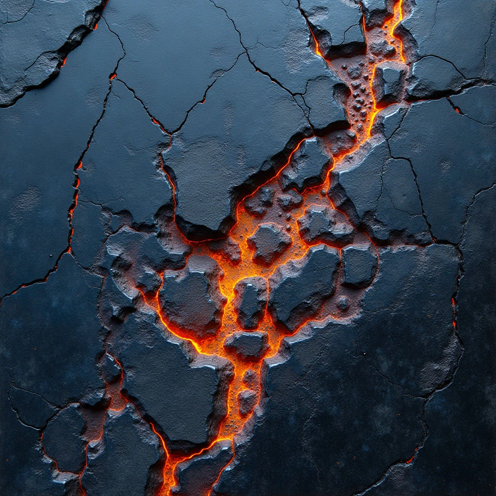The image presents a dark, fractured surface with prominent cracks filled by glowing orange lines. The primary color is a deep blue-gray, contrasted by the bright, warm tones within the fissures and subtle highlights on the textured stone fragments. Shapes are irregular and angular, creating a sense of depth as the cracked areas recede into the surface while light emanates from within the crevices, suggesting an internal source.