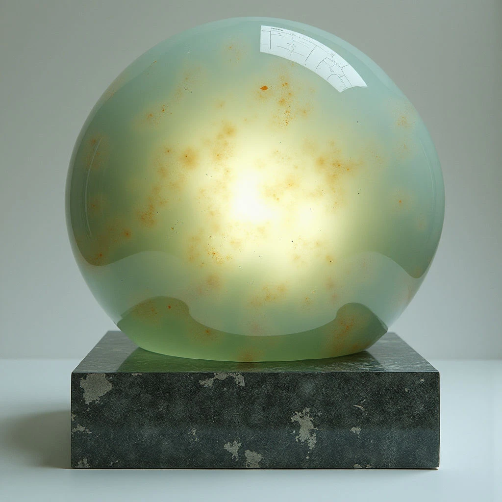 A translucent sphere with a pale green hue rests on a dark gray, rectangular base. Within the sphere are mottled patches of warm yellow and orange tones, concentrated towards the center and fading outwards, alongside small flecks of rust-colored markings. The surface appears smooth, while the base exhibits a rougher texture with lighter colored imperfections; the sphere is positioned centrally atop the base against a neutral gray background.