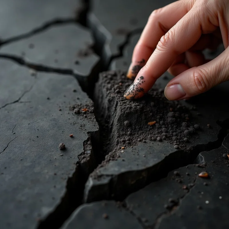 A pale human hand with smooth skin rests against a dark, matte, cracked surface composed of jagged geometric fragments and granular soil. Deep crevices create sharp shadows that divide the monochromatic grey landscape into irregular shapes. Small particles of dark grit are scattered across both the textured earth and the fingertips.