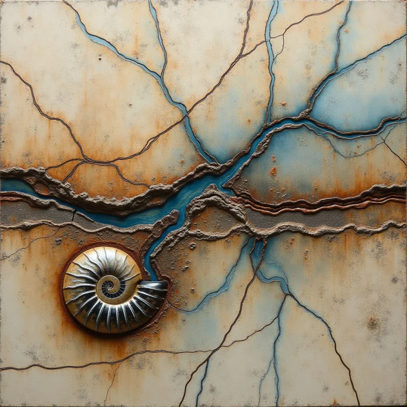 A central, jagged blue fissure branches out across a textured, cream-colored surface marked by thin, dark vein-like lines and rust-colored stains. In the lower-left quadrant, a metallic, spiral nautilus shell sits in relief, casting subtle shadows against the background. The composition features organic shapes and high-contrast textures, ranging from smooth metallic surfaces to rough, earth-toned edges along the blue channels.