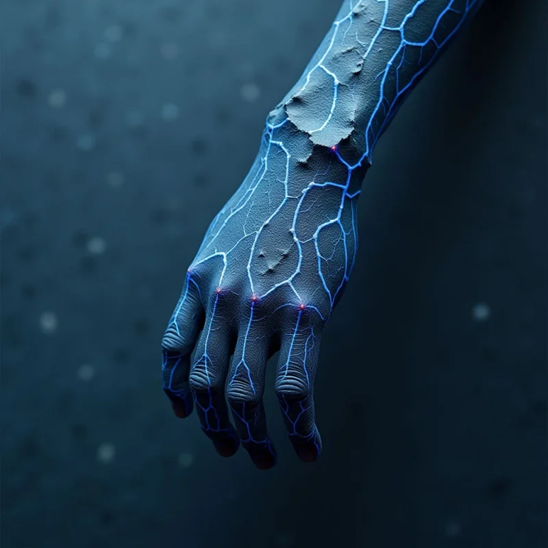 A blue-toned hand with a cracked, stony texture features glowing cyan lines tracing its surface like veins or fissures. The limb extends from the upper right toward the lower left against a dark, mottled background filled with soft, out-of-focus light spots. Subtle pinkish highlights glow within the crevices and at the fingertips, contrasting with the cool color palette.