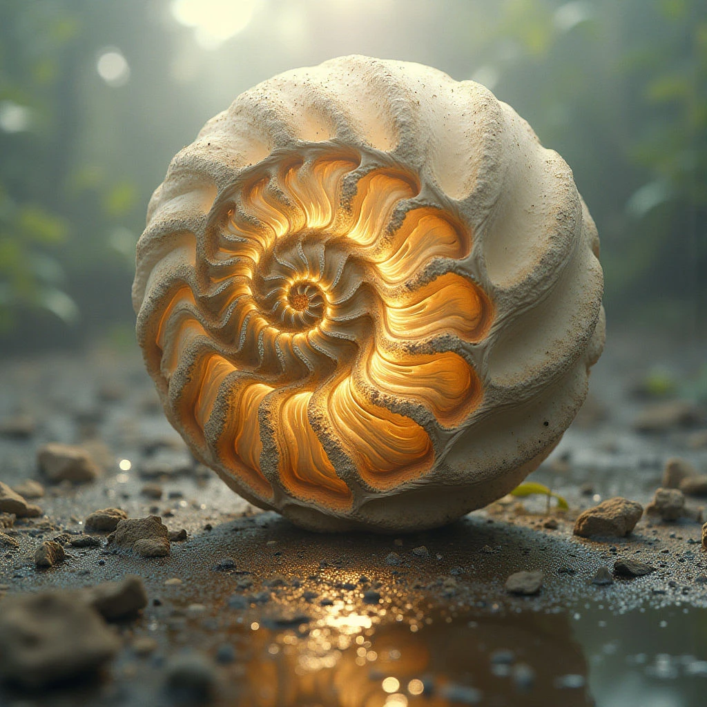 A large, intricately spiraled nautilus shell rests on a bed of wet pebbles and sand. Warm light emanates from within the shell’s chambers, creating a glowing effect against its rough exterior. The background is softly blurred with hints of greenery, suggesting a natural outdoor setting.