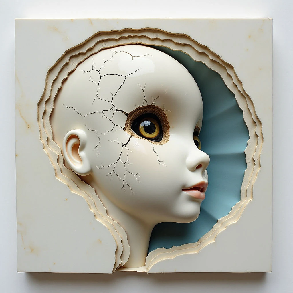 The image features a pale, cracked doll head emerging from an irregularly shaped opening in a cream-colored panel. A smooth, glossy texture contrasts with the fractured surface of the head and the rough edges of the cut-out shape surrounding it. Light appears to fall primarily on the doll’s face, creating highlights and shadows while a soft blue is visible behind the head, suggesting depth within the recess.