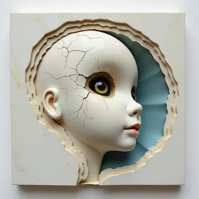 The image features a pale, cracked doll head emerging from an irregularly shaped opening in a cream-colored panel. A smooth, glossy texture contrasts with the fractured surface of the head and the rough edges of the cut-out shape surrounding it. Light appears to fall primarily on the doll’s face, creating highlights and shadows while a soft blue is visible behind the head, suggesting depth within the recess.