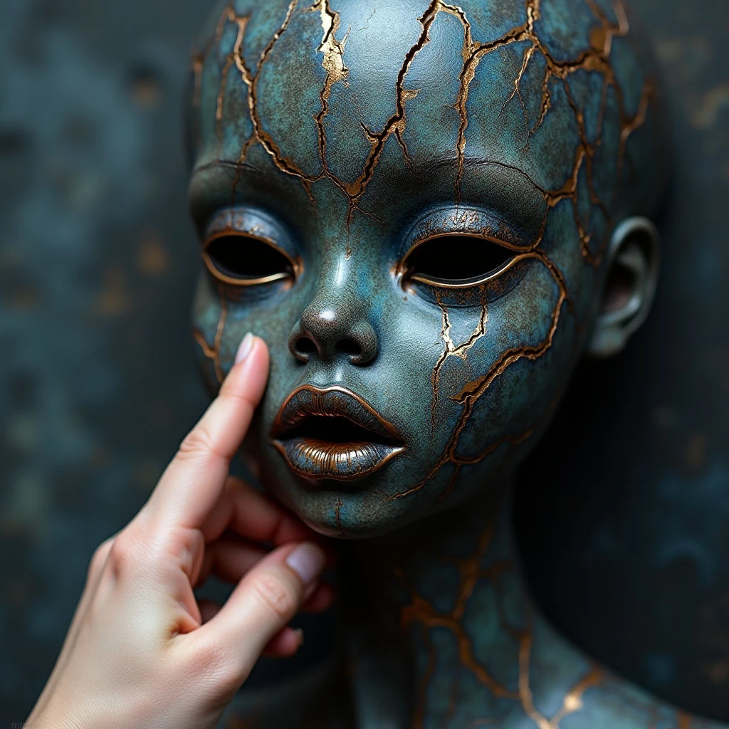 The image features a sculpted face with a predominantly teal and bronze color palette, overlaid with a network of cracked lines resembling aged ceramic or fractured skin. Soft lighting highlights the contours of the face and hand, creating subtle shadows within the crevices and emphasizing a smooth, polished texture on the sculpture contrasted by the rough edges of the cracks. A human hand gently touches the cheek of the sculpted head, establishing a close spatial relationship and focal point in the composition.