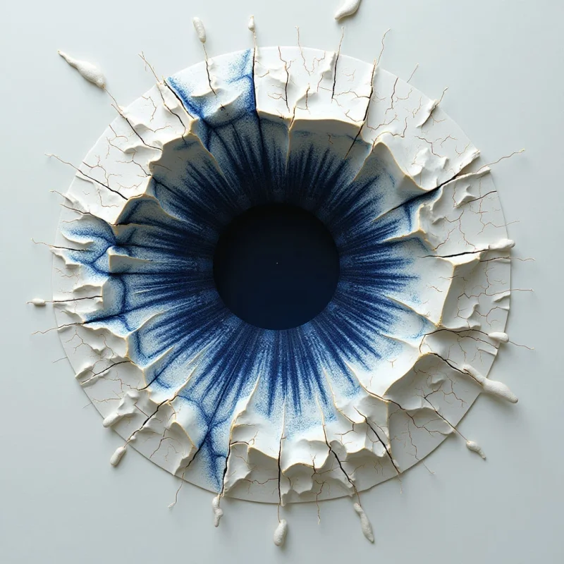 A circular arrangement of jagged, white ceramic shards radiates outward from a deep navy blue void at the center. The texture transitions from smooth, matte surfaces to fine, dark cracks that vein through the pale material. Light falls evenly across the composition, creating soft shadows within the radial grooves and emphasizing the depth of the central hollow.