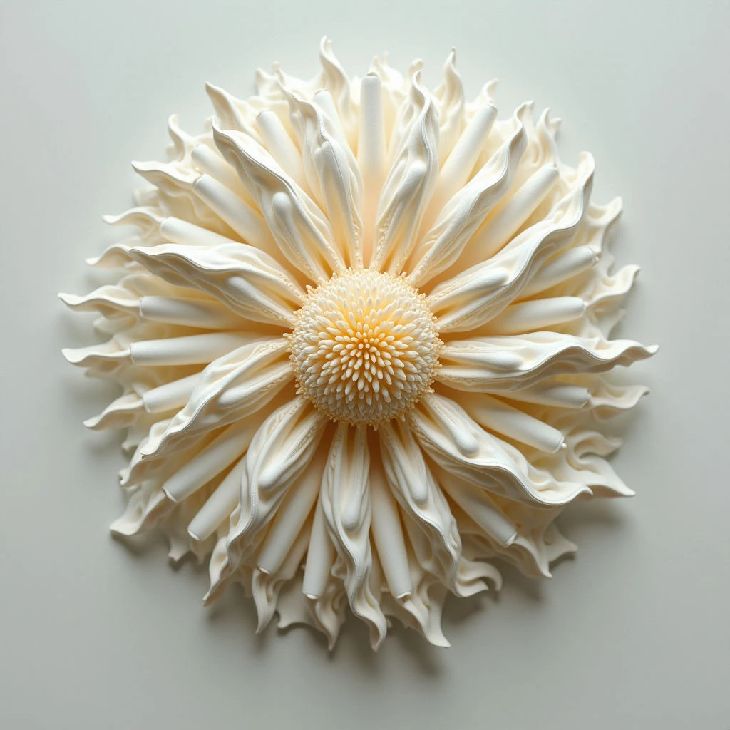 A large, intricately detailed flower is centered on a pale gray background. The petals are creamy white and highly textured, radiating outwards from a dense, golden-yellow center. Its form appears almost sculptural, with each petal individually shaped and slightly ruffled.