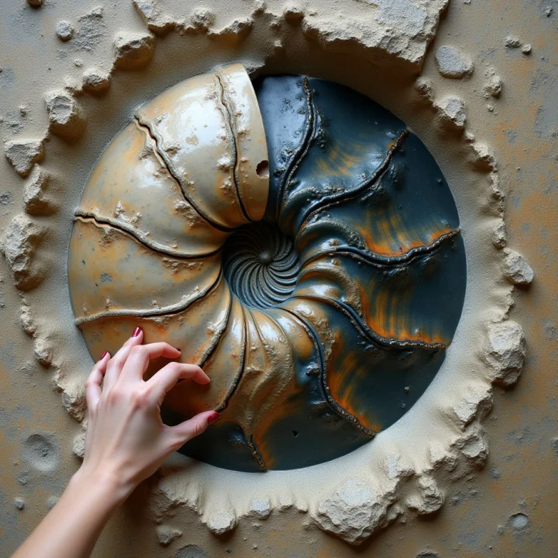 A circular relief sculpture featuring a spiral pattern of dark blue and tan segments is embedded within a rough, sandy-textured crater. The raised ridges of the spiral create deep shadows and highlights, contrasting with the matte, uneven surface of the surrounding beige material. A hand reaches into the frame to touch the smooth, undulating curves of the central form.