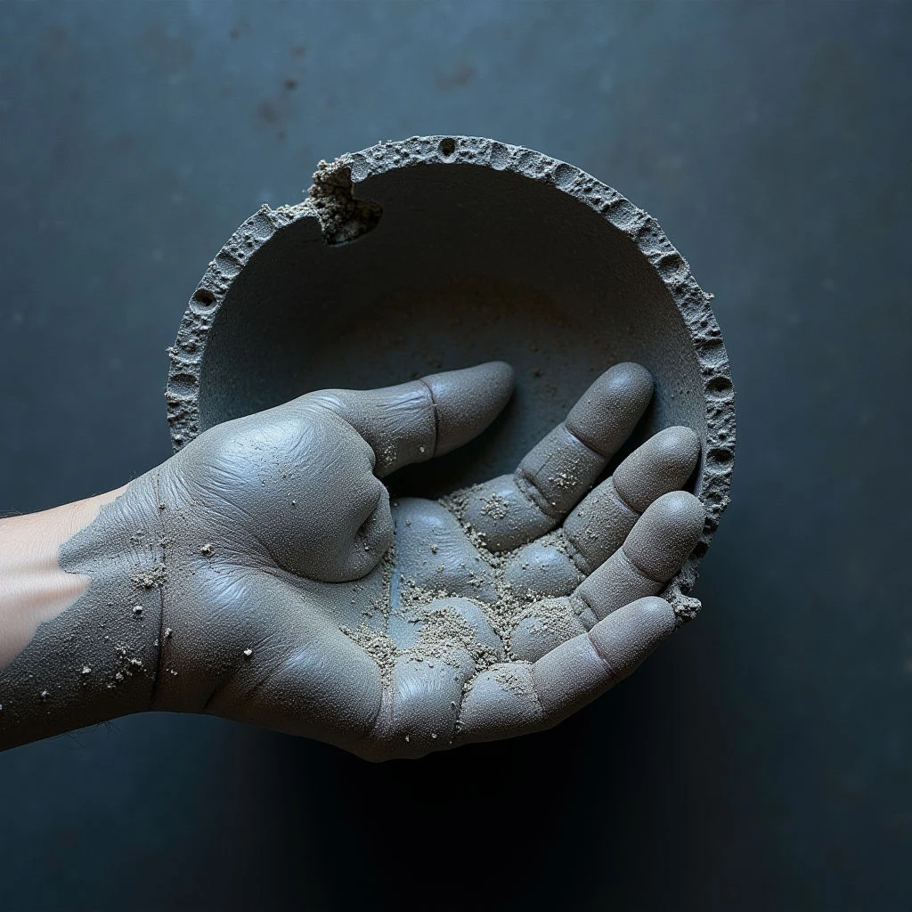 The image is dominated by cool tones of gray and blue, with a dark, textured background. A hand, also gray and speckled with granular material, cradles a roughly circular, porous object resembling broken pottery or stone. Light falls unevenly across the scene, highlighting the textures of both the hand and the contained substance while creating shadows within the hollow form.