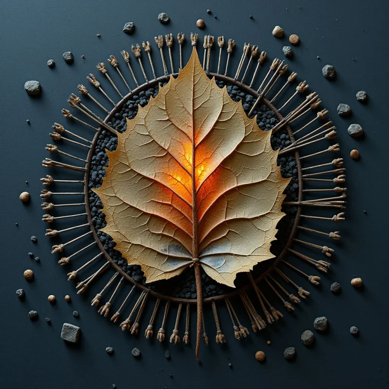A large, textured tan leaf with prominent veins sits centrally against a dark charcoal background. The leaf is backlit by an orange glow along its central vein, creating a silhouette effect against a circular arrangement of thin, twig-like stalks and small black granules. Scattered light brown pebbles are distributed around the perimeter of the circular composition on the matte dark surface.