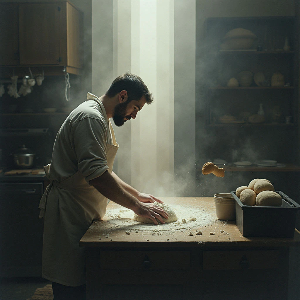 A man with a beard kneads dough on a wooden countertop, flour dusting the surface around his hands. Light streams into the dimly lit kitchen from behind him, illuminating dust motes and highlighting shelves filled with loaves of bread. A single crusty roll floats mid-air near the edge of the counter as he works.