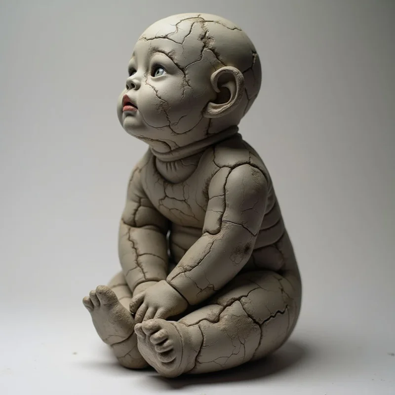 The image depicts a seated figure with pale, earthen tones and a network of cracked surfaces covering its form. Soft lighting highlights the rounded shapes of the body and face, creating shadows that emphasize the texture and depth of the fissures. The figure is positioned against a neutral gray background, appearing relatively close to the viewer and occupying most of the frame.