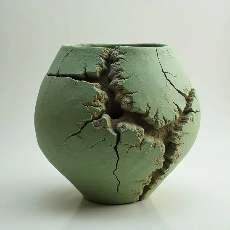 A pale sage green ceramic vessel features a matte, cracked texture with deep, jagged fissures revealing a coarse, sandy brown interior. The spherical form is broken by irregular, organic crevices that create a sense of internal pressure and structural fragmentation. Soft, diffused light casts gentle shadows within the cracks and along the base, defining the object against a neutral, seamless white background.