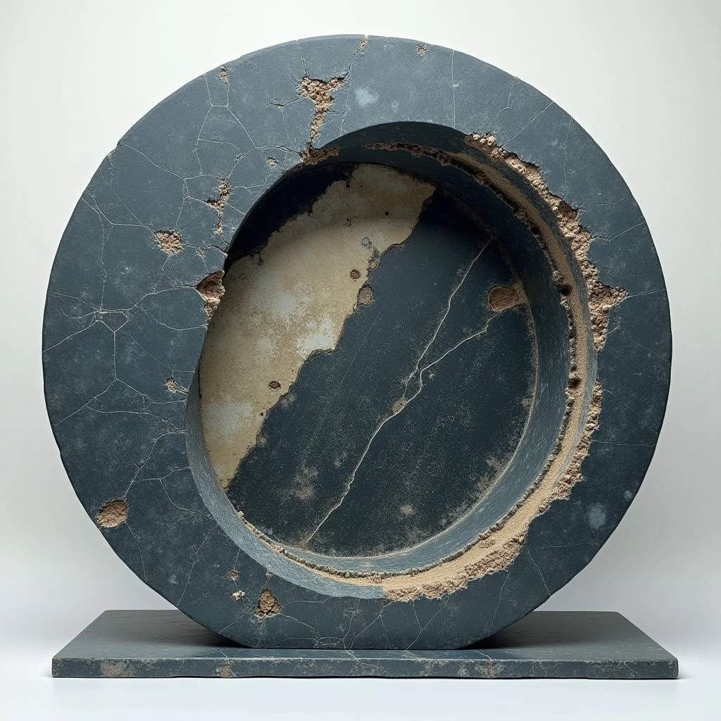 The sculpture features a dark teal circular form with a central opening revealing a lighter, textured beige surface. The outer ring is heavily fragmented and rough in texture, contrasting with the smoother interior, while thin white veins run throughout the darker material. It rests on a flat rectangular base of similar dark teal stone, creating a grounded spatial relationship between the two forms.