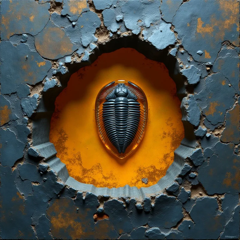 A dark, segmented trilobite fossil is centered within a circular opening of textured, slate-gray stone. The interior of the cavity features a vibrant ochre surface that contrasts with the rough, cracked gray exterior. Light illuminates the central specimen, highlighting its ridged texture against the smooth, golden background.