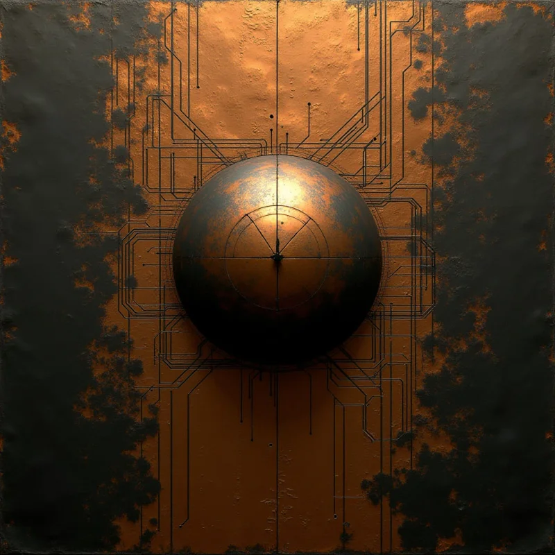 A dark sphere with a metallic, mottled texture is centered against a copper-colored background featuring fine black geometric lines and irregular dark patches. Light originates from the upper center, casting a soft glow on the top of the sphere and creating subtle shadows across its surface. The composition uses symmetrical line patterns that radiate outward from the central orb toward the textured edges of the frame.