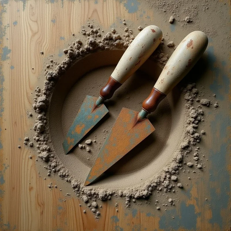 Two trowels with cream-colored handles and weathered metal blades rest diagonally across a circular mound of fine, tan powder. The scene features a palette of muted earth tones, including beige, brown, and teal accents on the distressed wooden surface below. Light falls from above, creating soft shadows within the textured pile of granules and highlighting the grainy wood grain.