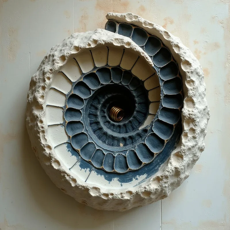 A large, spiral-shaped sculpture features a rough, white exterior texture surrounding a series of dark gray, recessed chambers. The composition transitions from the craggy, uneven outer rim to smooth, rhythmic interior segments that curve toward a central, metallic core. Soft lighting casts gentle shadows within the hollowed sections, emphasizing the depth and layered spatial relationship of the spiral.