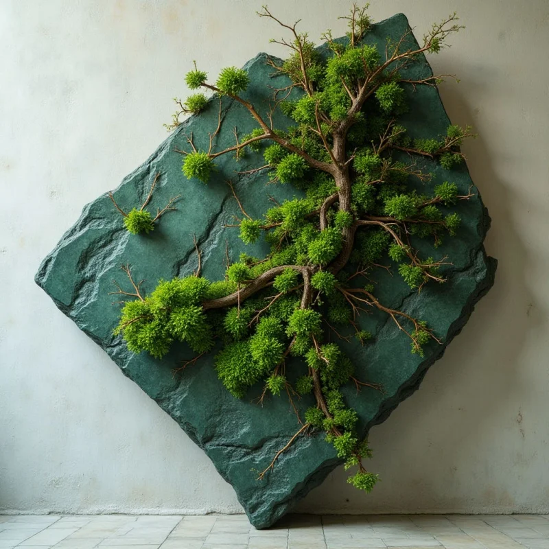 A dark green, textured stone slab with irregular edges is mounted diagonally against a pale, off-white wall. A gnarled, brown woody branch grows across the stone surface, interspersed with clusters of soft, vibrant green moss. Soft, even light illuminates the composition, emphasizing the contrast between the rough mineral texture and the organic foliage.