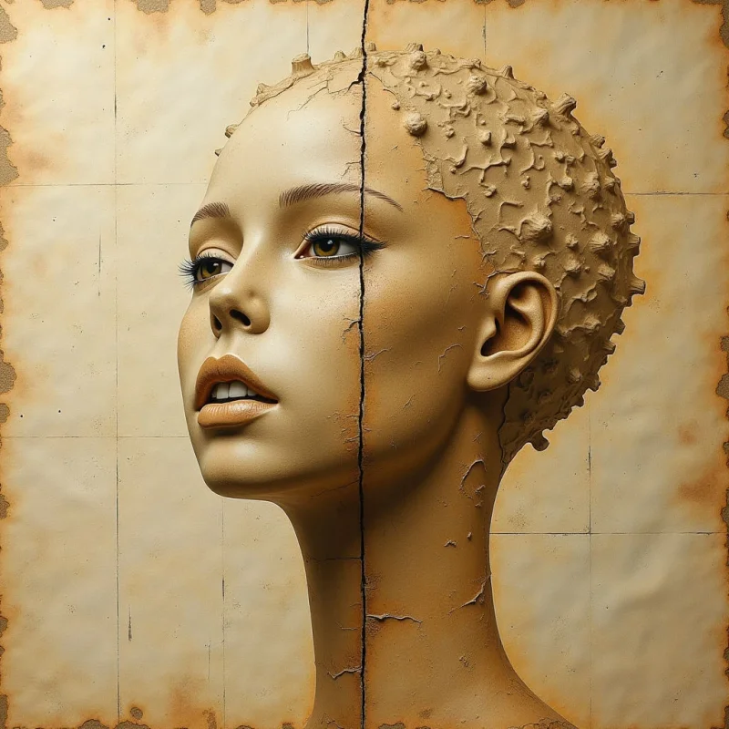 A profile of a human head is bisected vertically, featuring smooth facial skin on one side and a heavily textured, bumpy surface on the other. The composition uses a monochromatic palette of warm ochre, tan, and beige tones against a gridded, parchment-like background. A dark crack runs down the center of the figure, dividing the light-catching smooth surfaces from the matte, irregular protrusions.